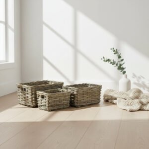 Rectangular Grey Rattan Pantry Baskets Set Of 3